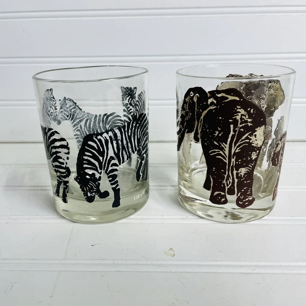(2) Tastesetter MCM Lowball Whiskey‎ Glasses Elephant Zebra Print Vintage